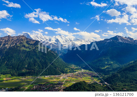 Breathtaking aerial view of Interlaken and Swiss Alps from Harder Kulm viewpoint, Switzerland Breathtaking aerial view of Interlaken and Swiss Alps from Harder Kulm viewpoint, Switzerland 136121700