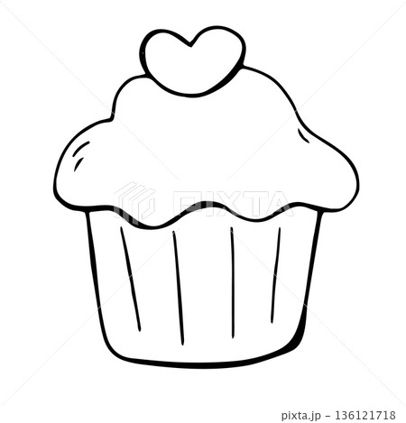 Hand Drawn Cute Cupcake with Heart Doodle Cartoon Style Illustration 136121718