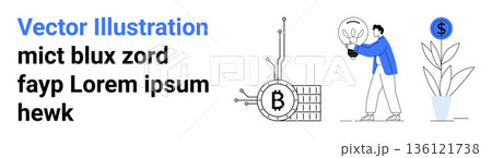 Cryptocurrency, blockchain technology, fintech, innovation, investment, digital economy. Bitcoin symbol integrated with a circuit and a person holding a lightbulb. Cryptocurrency and blockchain 136121738