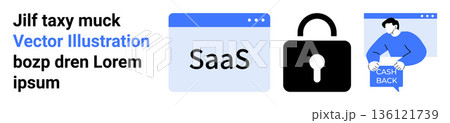 Software as a Service SaaS, data security, cashback offers, cyber protection, digital payments, financial benefits. SaaS window, a lock icon and a person holding a cashback paper. SaaS and data 136121739