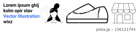 E-commerce, online shopping, branding, fashion, small business, retail. Minimalist black-and-white icons of a woman, a sneaker and a storefront. E-commerce and online shopping concept E-commerce, online shopping, branding, fashion, small business, retail. Minimalist black-and-white icons of a woman, a sneaker and a storefront. E-commerce and online shopping concept 136121743