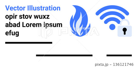 Online security, data protection, wireless networks, cybersecurity awareness, fire safety, network encryption. Blue flame icon with wireless lock symbol. Online security and data protection concept Online security, data protection, wireless networks, cybersecurity awareness, fire safety, network encryption. Blue flame icon with wireless lock symbol. Online security and data protection concept 136121746