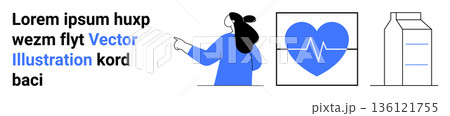 Healthcare, nutrition, health education, wellness, food packaging, graphic design. Woman pointing, heart with pulse carton. Healthcare and nutrition concepts for education and wellness Healthcare, nutrition, health education, wellness, food packaging, graphic design. Woman pointing, heart with pulse carton. Healthcare and nutrition concepts for education and wellness 136121755
