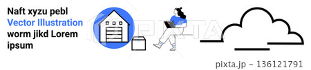 Remote work, cloud storage, logistics, technology, digital transformation, data management. Icon of a warehouse, person on laptop and cloud symbol. s remote work and cloud storage 136121791