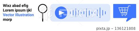 E-commerce, digital communication, online shopping, search tools, audio technology, user interface icons. Magnifying glass, play button with sound waves and shopping cart. E-commerce and search E-commerce, digital communication, online shopping, search tools, audio technology, user interface icons. Magnifying glass, play button with sound waves and shopping cart. E-commerce and search 136121808