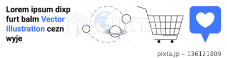 Global communication, e-commerce, social media, digital marketing, online shopping, globalization. Planet with orbits, shopping cart and heart icon. E-commerce and digital marketing concept 136121809