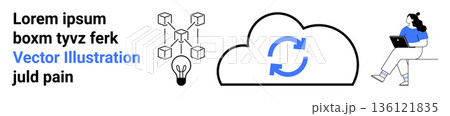 Technology, data storage, blockchain, cloud solutions, synchronization, remote work. a cloud with arrows, blockchain cubes and a person working on a laptop. Cloud solutions and data storage concept Technology, data storage, blockchain, cloud solutions, synchronization, remote work. a cloud with arrows, blockchain cubes and a person working on a laptop. Cloud solutions and data storage concept 136121835