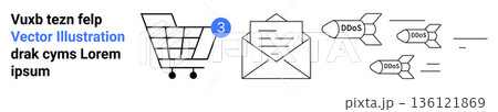 Cybersecurity, online threats, ecommerce safety, email protection, digital security, and hacker attacks. A shopping cart, email and missile icons labeled DDoS attack. Cybersecurity and online 136121869