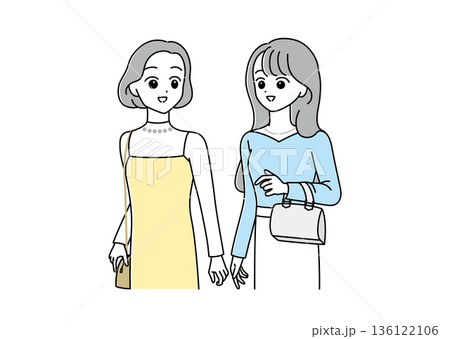 街中を歩く二人組の若い女性イラストセット 街中を歩く二人組の若い女性イラストセット 136122106