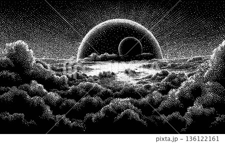 Planets dotwork. Earth moon alien planet in black sky clouds background, fantasy sun universe galaxy mystic night landscape vintage dots art halftone engraving vector illustration 136122161