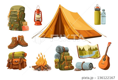 Hiking cartoon equipment. Summer camp adventure gear set, campfire fire tent hiker boots backpack lantern compass paper map outdoor survival forest trip tourism vector illustration
