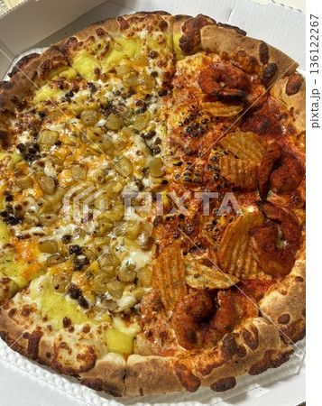 A delicious pizza with a golden crust, melted cheese, and savory toppings. Perfect for food-related designs, menus, or Italian-themed projects, capturing the essence of a classic comfort dish. 136122267