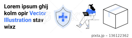 Cybersecurity, remote work, logistics, protection, technology, digital solutions. A shield with a cross, a person using a laptop and a package box. Cybersecurity and remote work 136122362