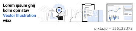 Data analysis, research, reporting, business growth, education, and statistics. Magnifying glass over a chart, checklist and growth graph. Data analysis and research for insightful decisions 136122372
