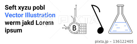 Blockchain innovation, cryptocurrency, scientific analysis, music theory, creative design, and future concepts. Bitcoin circuit, a music note and a lab flask. Blockchain and scientific analysis 136122405