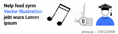 Education, blockchain, cryptocurrency, music industry, digital assets, academic success. Music notes, Bitcoin design graduate icon. Education and blockchain focus with creative and innovative Education, blockchain, cryptocurrency, music industry, digital assets, academic success. Music notes, Bitcoin design graduate icon. Education and blockchain focus with creative and innovative 136122409