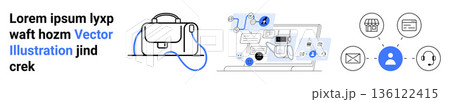 Business management, technology workflow, digital communication, modern tools, data sharing, user interface. Laptop with connected elements and icons of bag and user profile. Business management 136122415