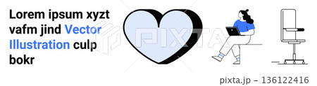 Healthcare, online work, office culture, creative design, remote productivity, and workflow tools. A heart icon, person using laptop and office chair. Healthcare and online work concept 136122416