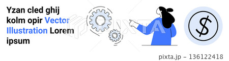 Business workflow, automation tools, financial management, process optimization, career growth, economic support. A person pointing at gears and a dollar symbol. Business workflow and automation 136122418