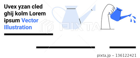 Gardening, water conservation, plant care, sustainability, hydration, environmental education. Hand pouring water from cup and a watering can nearby. Gardening and water conservation concept 136122421
