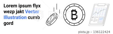 Cryptocurrency, blockchain, financial growth, investment, economy, data analysis. Bitcoin symbol, coin and financial chart. Cryptocurrency and blockchain visualization concept Cryptocurrency, blockchain, financial growth, investment, economy, data analysis. Bitcoin symbol, coin and financial chart. Cryptocurrency and blockchain visualization concept 136122424