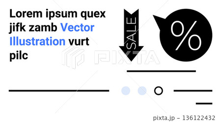 Marketing, e-commerce, discounts, promotional design, sales events, percentage deals. Graphic with percentage symbol and sale arrow. Marketing and e-commerce promotional materials concept Marketing, e-commerce, discounts, promotional design, sales events, percentage deals. Graphic with percentage symbol and sale arrow. Marketing and e-commerce promotional materials concept 136122432