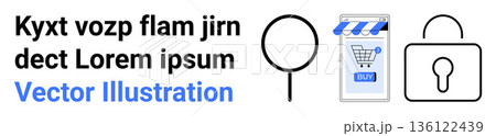 E-commerce, online shopping, cybersecurity, data protection, transaction safety, digital search. A shopping cart icon, magnifying glass and padlock symbol. E-commerce and cybersecurity E-commerce, online shopping, cybersecurity, data protection, transaction safety, digital search. A shopping cart icon, magnifying glass and padlock symbol. E-commerce and cybersecurity 136122439
