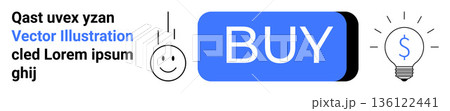 E-commerce, online transactions, user interface, digital marketing, business innovation, retail growth. Blue buy button with happy face and light bulb icon. E-commerce and online transactions concept E-commerce, online transactions, user interface, digital marketing, business innovation, retail growth. Blue buy button with happy face and light bulb icon. E-commerce and online transactions concept 136122441