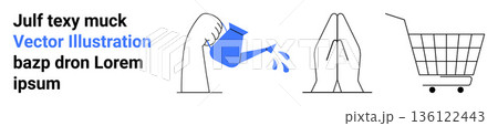 Actions, communication, daily life, shopping, functionality, expression. Minimalistic design with a hand pouring water, folded hands and a shopping cart. Actions and communication conceptually 136122443