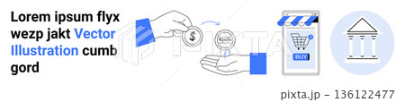 E-commerce, digital transactions, mobile payments, online banking, financial services, shopping. Icons of currency exchange, a shopping app and a bank. E-commerce and digital transactions concept E-commerce, digital transactions, mobile payments, online banking, financial services, shopping. Icons of currency exchange, a shopping app and a bank. E-commerce and digital transactions concept 136122477