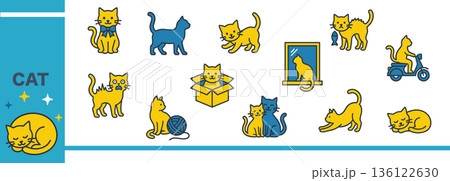 猫のポーズと行動アイコンセット　かわいいペットベクターイラスト集 136122630