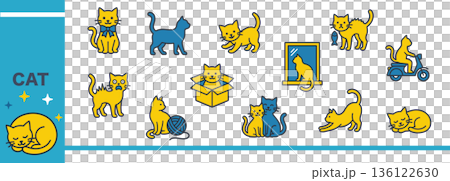 猫のポーズと行動アイコンセット　かわいいペットベクターイラスト集 136122630