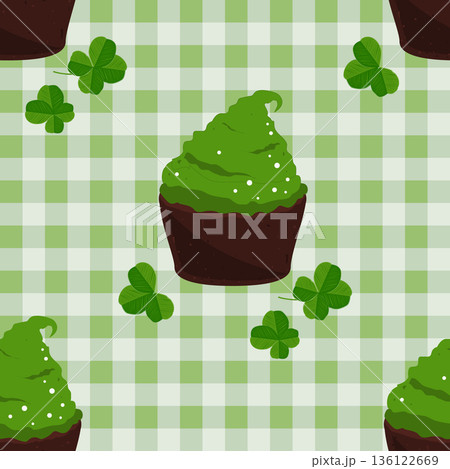 Green cupcakes and clover leaves on checkered background seamless pattern. Lucky Saint Patrick Day backdrop. Vector illustration 136122669