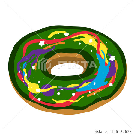 Happy St Patrick day sweet donut decorated with rainbow icing and sprinkles for Irish holiday, cartoon vector illustration. Green cookie dessert for Saint Patrick holiday party. Happy St Patrick day sweet donut decorated with rainbow icing and sprinkles for Irish holiday, cartoon vector illustration. Green cookie dessert for Saint Patrick holiday party. 136122678
