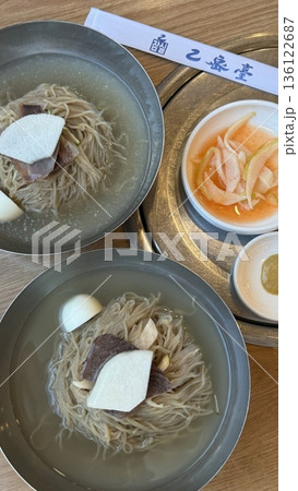 Cold and refreshing Korean naengmyeon noodles, served in a chilled broth with sliced cucumber, radish, and a boiled egg. A savory, tangy dish ideal for hot summer days. Cold and refreshing Korean naengmyeon noodles, served in a chilled broth with sliced cucumber, radish, and a boiled egg. A savory, tangy dish ideal for hot summer days. 136122687