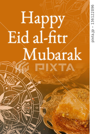 Celebration of Eid al-Fitr with desserts and greetings in a festive setting Celebration of Eid al-Fitr with desserts and greetings in a festive setting 136122896