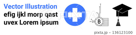 Cryptocurrency, education, healthcare, digital technology, blockchain, medical applications. A Bitcoin chip, cross emblem and graduation cap. Cryptocurrency and education highlighted 136123100