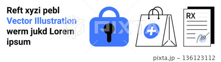 Data privacy, ecommerce security, healthcare services, online shopping, prescription management, digital protection. Blue lock, medical shopping bag and prescription document illustration. Data 136123112
