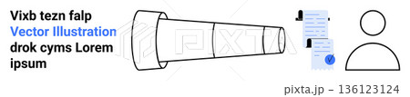 Exploration, verification, user authentication, document review, data accuracy, information processing. Telescope, checklist and user icon displayed. Exploration and verification concepts 136123124