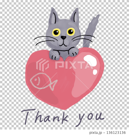 ピンクのハートの上に手をのせているグレーの子猫 136123136