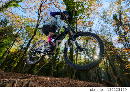 Thrilling Mountain Bike Jump Through Autumn Forest Trail Amid Sunlight Rider Adventure Outdoor Action Leaves Thrilling Mountain Bike Jump Through Autumn Forest Trail Amid Sunlight Rider Adventure Outdoor Action Leaves 136123139