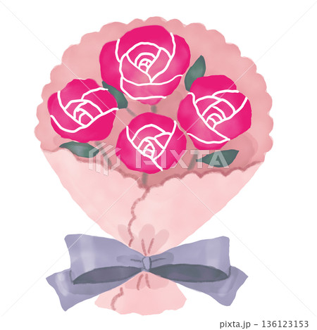 薄めのパープルブルーのリボンがついた濃いピンクのバラの花束 136123153