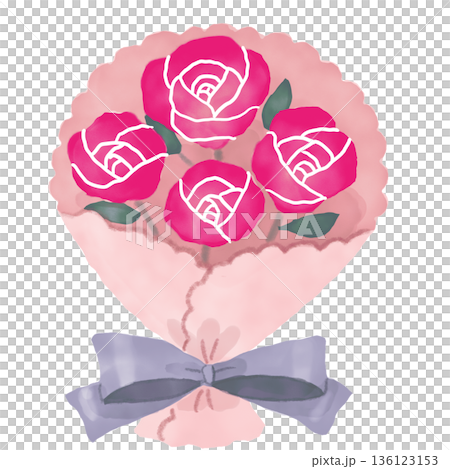 薄めのパープルブルーのリボンがついた濃いピンクのバラの花束 136123153