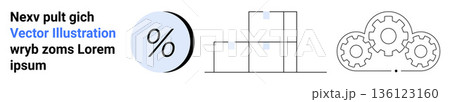 Finance, logistics, industry workflow, process optimization, data analysis, percentage calculation. Minimalist design with percentage symbol, stacked boxes and gear outlines. Finance and logistics Finance, logistics, industry workflow, process optimization, data analysis, percentage calculation. Minimalist design with percentage symbol, stacked boxes and gear outlines. Finance and logistics 136123160