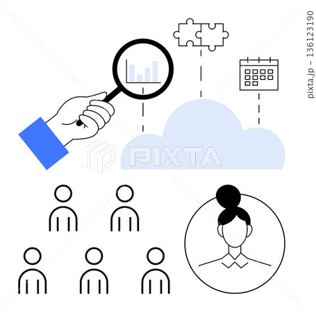 Data management, team collaboration, cloud solutions, business analytics, workforce planning, digital strategy. A magnifying glass, cloud puzzle pieces and diverse people icons. Data management Data management, team collaboration, cloud solutions, business analytics, workforce planning, digital strategy. A magnifying glass, cloud puzzle pieces and diverse people icons. Data management 136123190