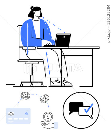 Remote work, secure payment, financial planning, online chatting, ecommerce, digital tools. Person typing on laptop. Remote work and secure payment concept illustrated with graphics Remote work, secure payment, financial planning, online chatting, ecommerce, digital tools. Person typing on laptop. Remote work and secure payment concept illustrated with graphics 136123204