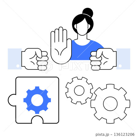 Business ethics, teamwork, collaboration, problem-solving, workflow, integrity. Woman raising hand with puzzle piece and gears below. Business ethics and teamwork concept Business ethics, teamwork, collaboration, problem-solving, workflow, integrity. Woman raising hand with puzzle piece and gears below. Business ethics and teamwork concept 136123206