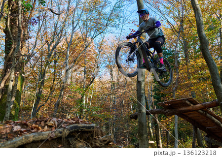 Mountain Bike Rider Jumping Over Ramp in Autumn Forest Trail Adventure Mountain Bike Rider Jumping Over Ramp in Autumn Forest Trail Adventure 136123218