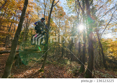 Autumn Mountain Biker Jumping Over Log on Forest Trail With Sunlight 136123225