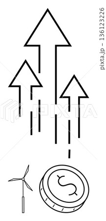 Renewable energy, financial growth, eco-friendly investments, sustainability development, innovation, economic trends. Arrows rising, coin with dollar symbol windmill icon. Renewable energy Renewable energy, financial growth, eco-friendly investments, sustainability development, innovation, economic trends. Arrows rising, coin with dollar symbol windmill icon. Renewable energy 136123226
